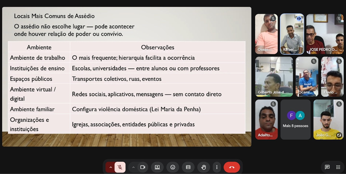 Reunião de formação sobre assédio com o slide dos locais mais comuns de assédio